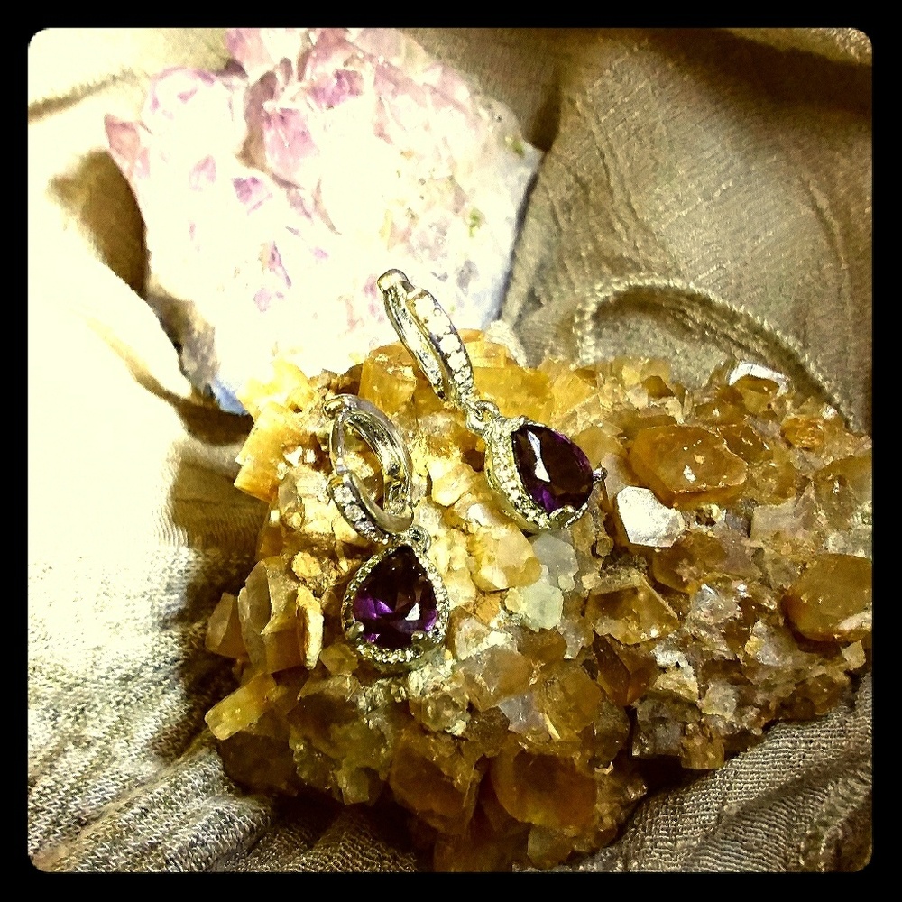 3CT. AUTH. PEAR AMETHYST DROP HUGGY EARRINGS
